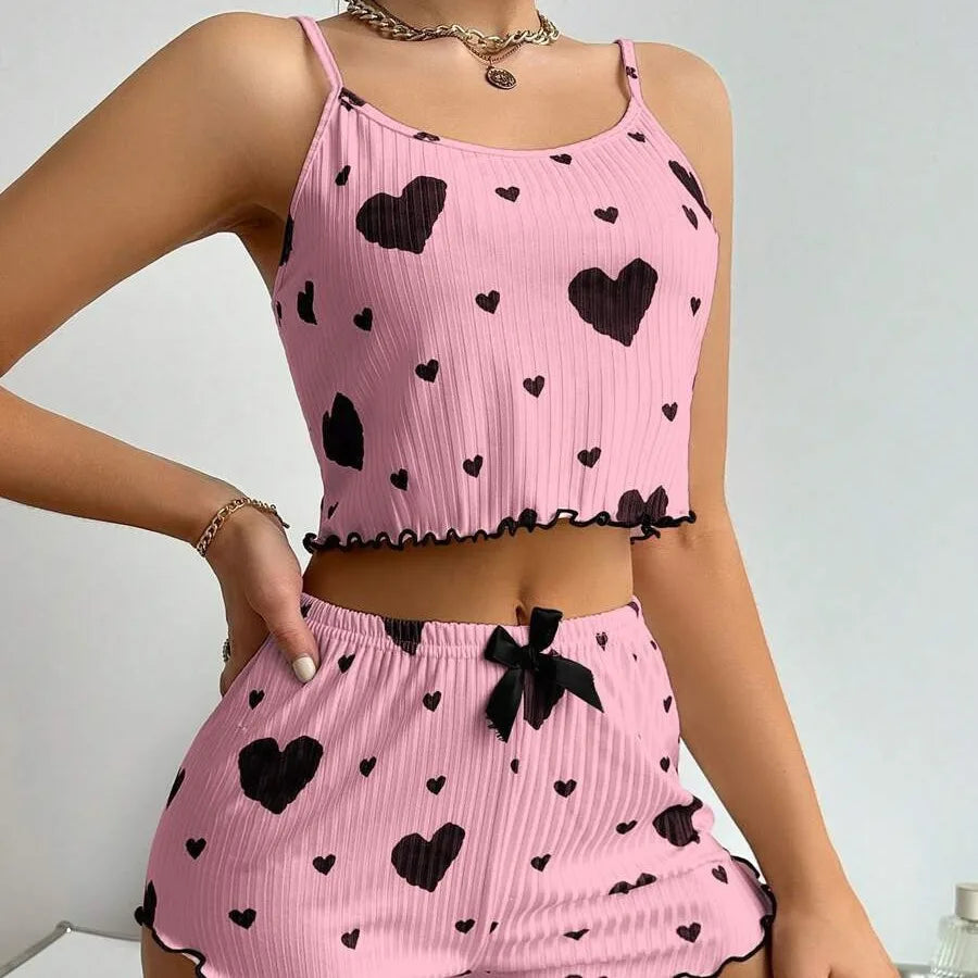Women’s 2PCS Heart Print Pajama Set, Sleeveless Crop Top and Shorts, Soft Comfy Sleepwear Loungewear for Summer Nightwear