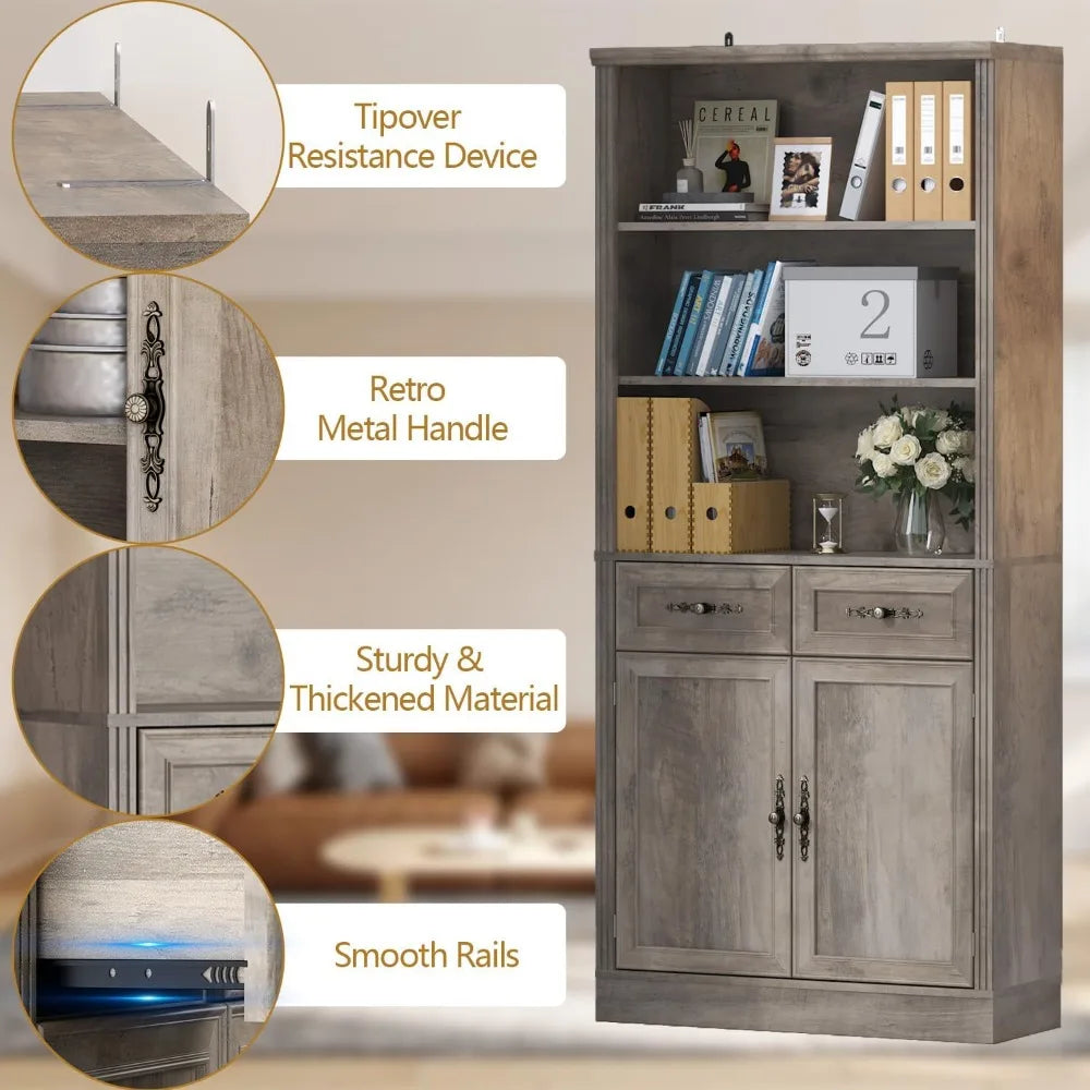 Adjustable Shelves, P2 MDF Construction, Freestanding Cabinet with Metal Handles, Hidden Storage for Living Room, Bedroom, Grey