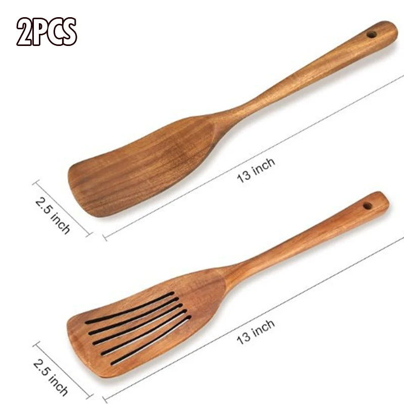 Natural Wood Kitchen Utensil Set Eco-Friendly Cooking Tools incl Skimmer Spoon Salad Scoop Non-Stick Rice Colander for Soup