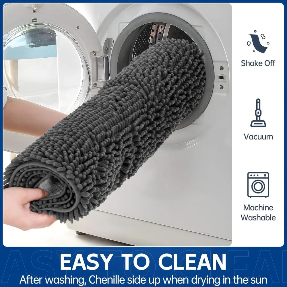Chenille Absorbent Door Mat 96x48, Washable Non-Slip Indoor Outdoor Doormat for Muddy Paws and Dirt Trapping, Grey
