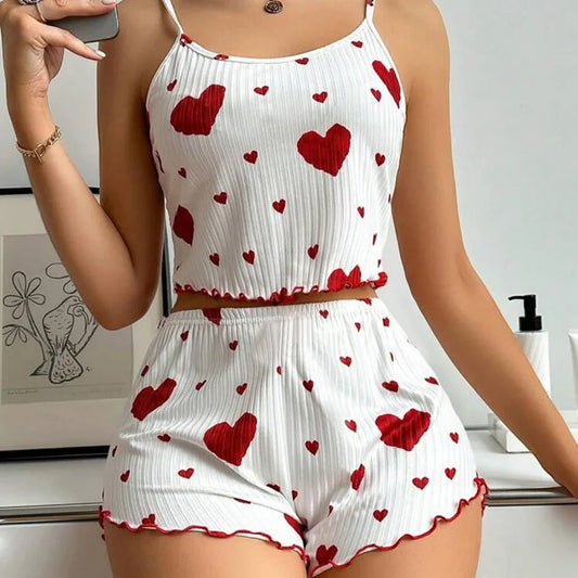Women’s 2PCS Heart Print Pajama Set, Sleeveless Crop Top and Shorts, Soft Comfy Sleepwear Loungewear for Summer Nightwear