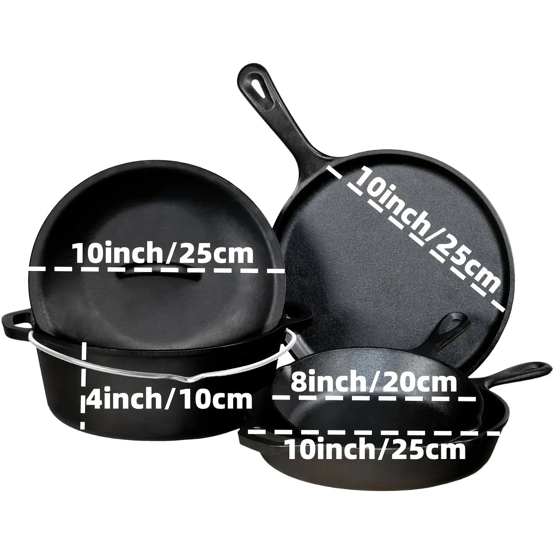 3PCS Cast Iron Skillet Set (6/8/10 Inch)  Pre-Seasoned, Heavy-Duty Pans for Oven, Grill & Campfire, Even Heat, Non-Stick Surface
