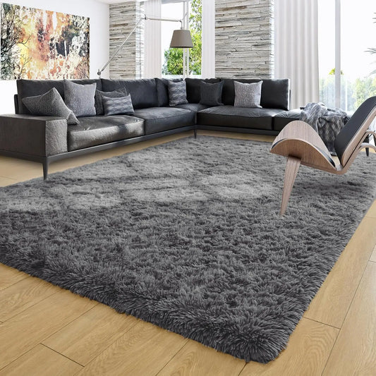 Fluffy Large Carpet for Living Room Gray Non-Slip Machine Washable Plush Area Rugs for Bedroom Soft Thick Floor Mats