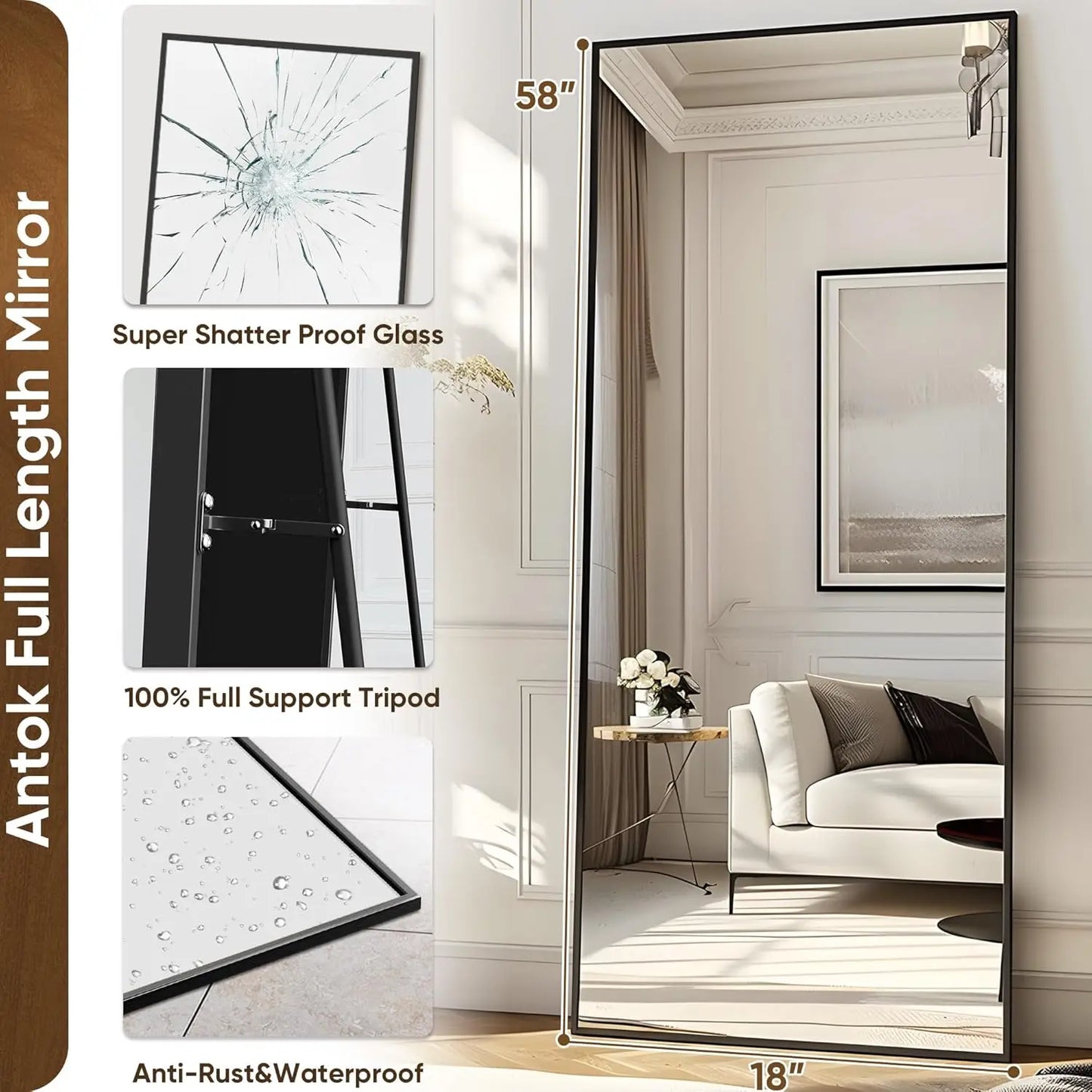 Full Length Mirror, 58"x18" Oversized Floor Mirror, Rectangular Full Body Mirror with Stand for Bedroom, Living Room, Cloakroom