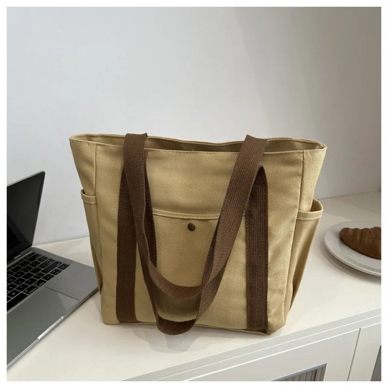 HOMEFISH Canvas Bag  Versatile Shoulder Bag Large Capacity Book Storage Student Class Commuter Bag Portable Cloth