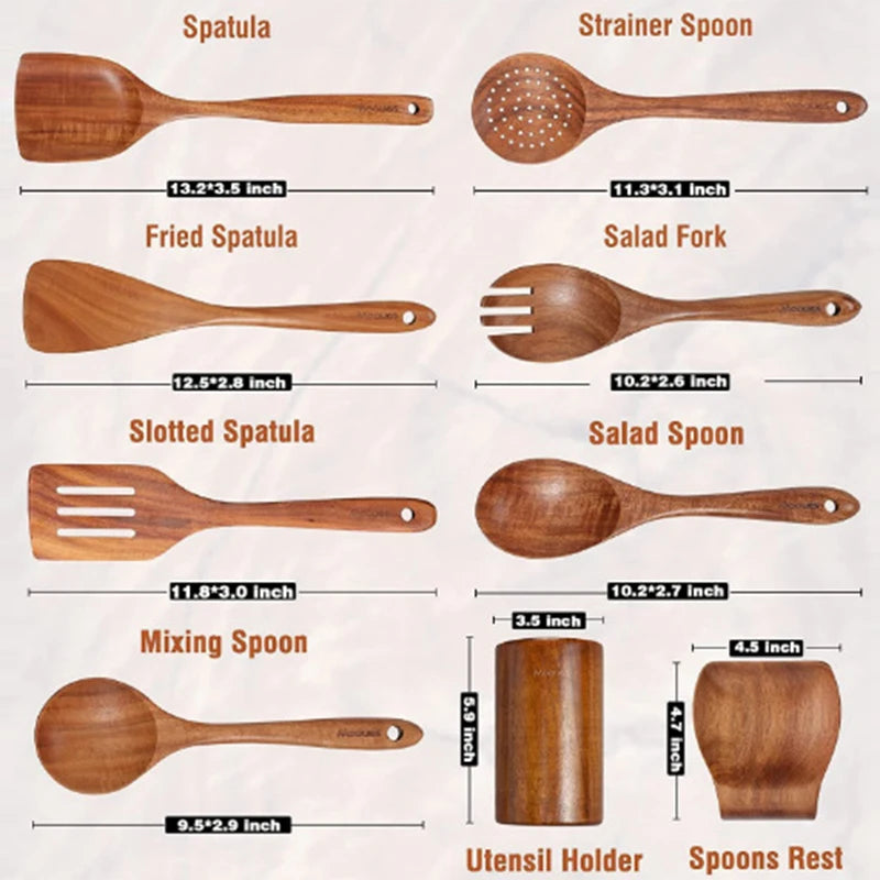 Natural Wood Kitchen Utensil Set  Eco-Friendly Cooking Tools incl Skimmer Spoon Salad Scoop Non-Stick Rice Colander for Soup