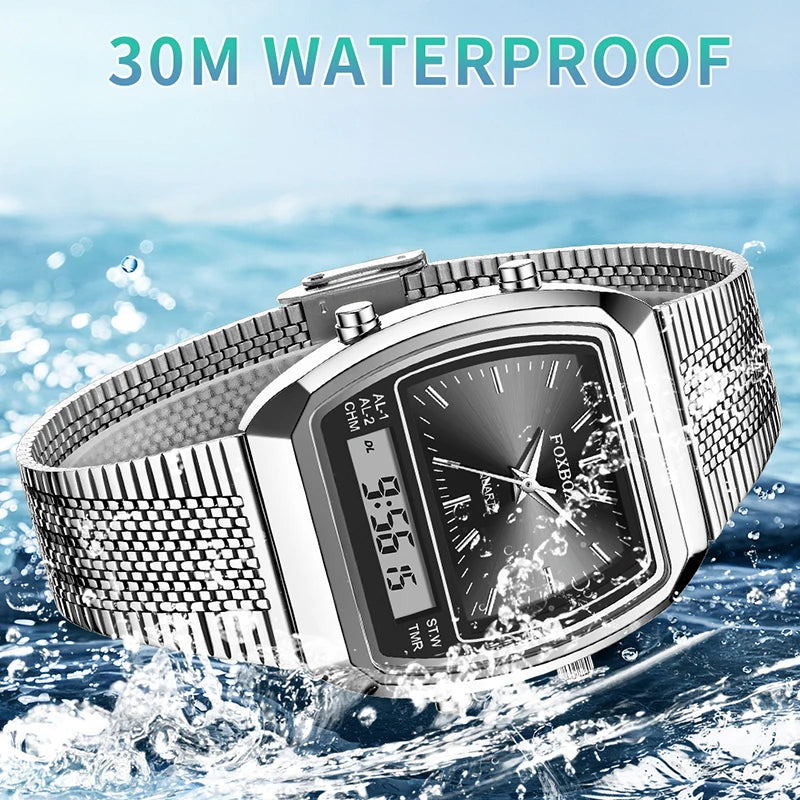 FOXBOX 2026 New Luxury Mens Watch Sports Fashion Digital Watches Men Waterproof Luminous Steel Quartz Wristwatches Reloj Hombre