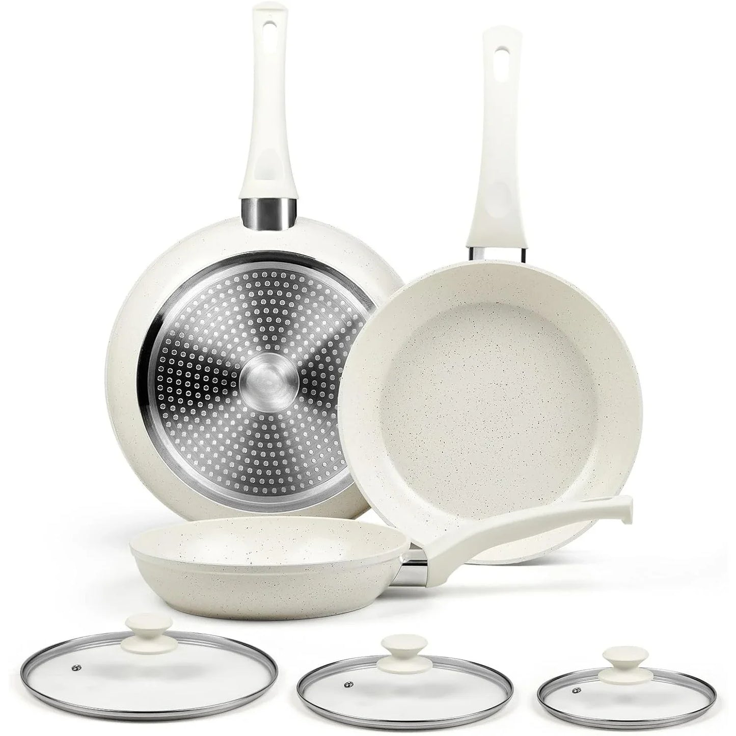 Ceramic Nonstick Frying Pan Set - White Pans With Lids, Induction Skillets for Eggs & Omelets, Healthy No Toxic Cookware,