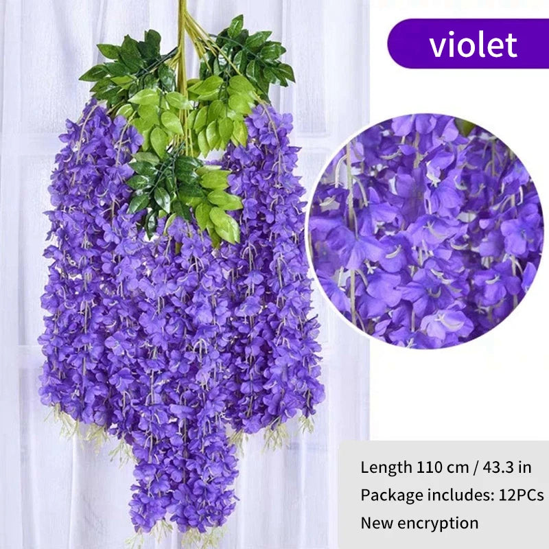 Artificial Wisteria Flower Hanging Garland, Rattan Fake Flower, String Flower, Wedding Party, Garden,  Home Wall Decor, 12PCS
