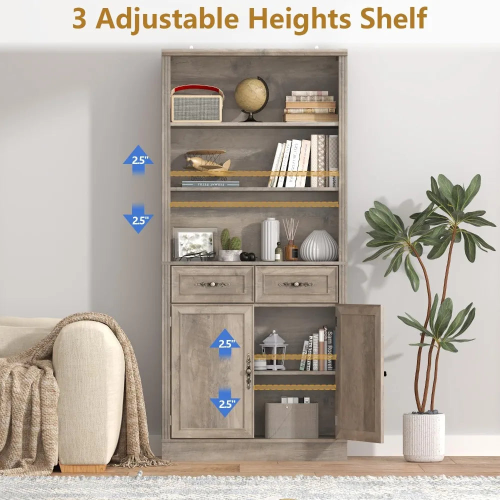 Adjustable Shelves, P2 MDF Construction, Freestanding Cabinet with Metal Handles, Hidden Storage for Living Room, Bedroom, Grey