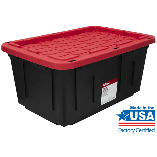 4 Pack, 27 Gallon Large Storage Bin, Plastic Storage Container with Stackable Snap-On Lid, Black and Red
