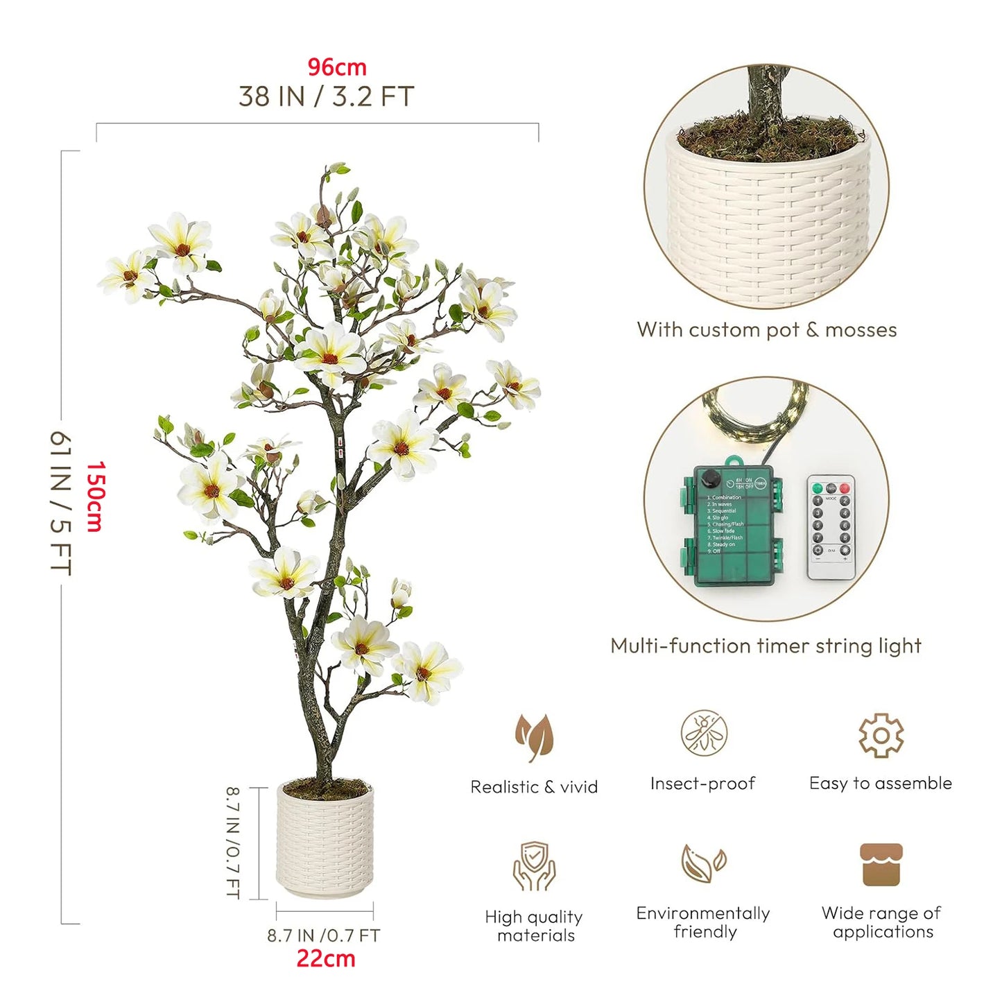 Artificial Magnolia Plant Faux Flower Trees Fake Plants with LED Light for Yard Patio Home Office Arrangement Decor