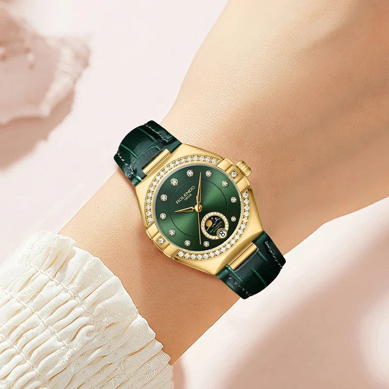 ROLENDO Constellation Style Automatic Women's Watch Secret Emerald Strap Green Dial Day-Date Sapphire Crystal Waterproof Elegant