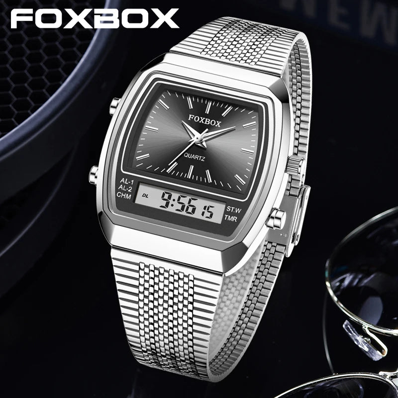 FOXBOX 2026 New Luxury Mens Watch Sports Fashion Digital Watches Men Waterproof Luminous Steel Quartz Wristwatches Reloj Hombre