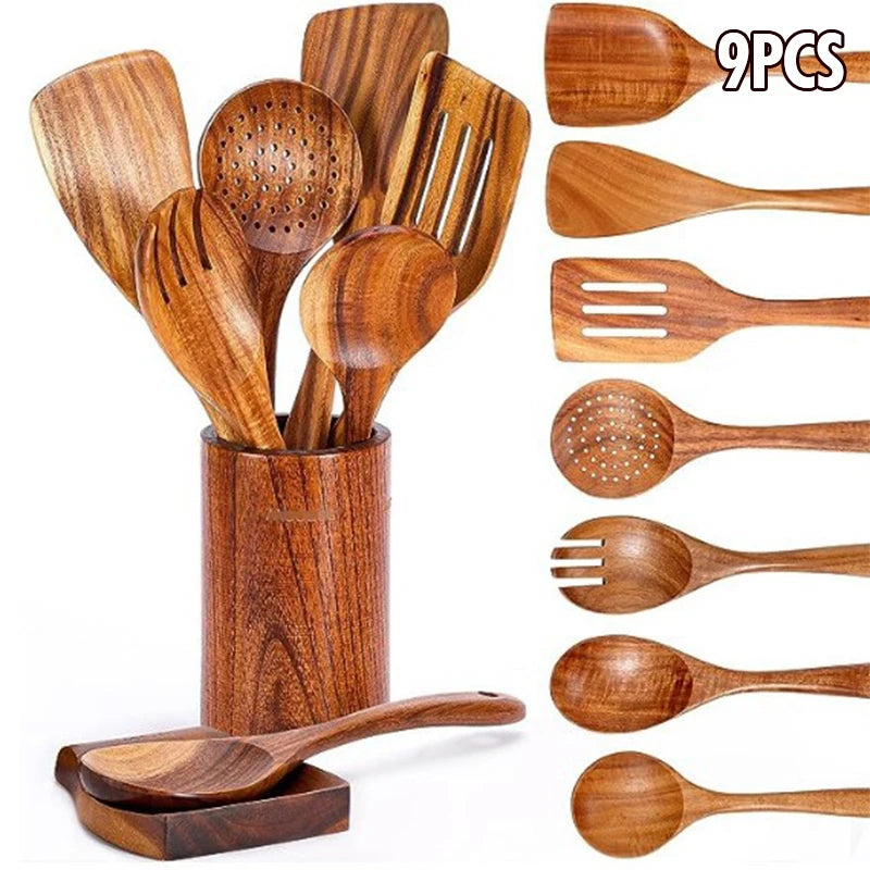 Natural Wood Kitchen Utensil Set  Eco-Friendly Cooking Tools incl Skimmer Spoon Salad Scoop Non-Stick Rice Colander for Soup