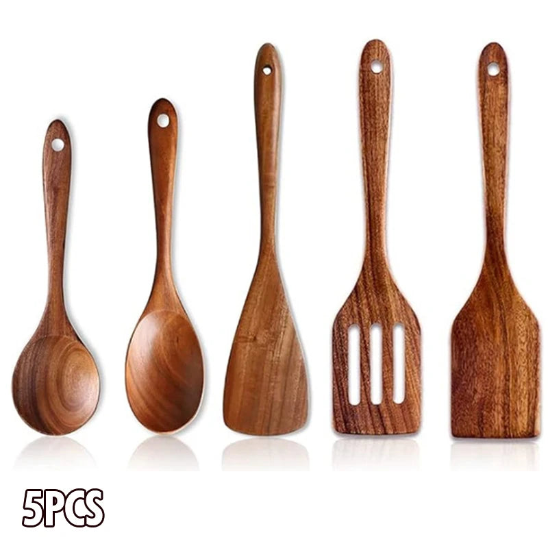 Natural Wood Kitchen Utensil Set  Eco-Friendly Cooking Tools incl Skimmer Spoon Salad Scoop Non-Stick Rice Colander for Soup