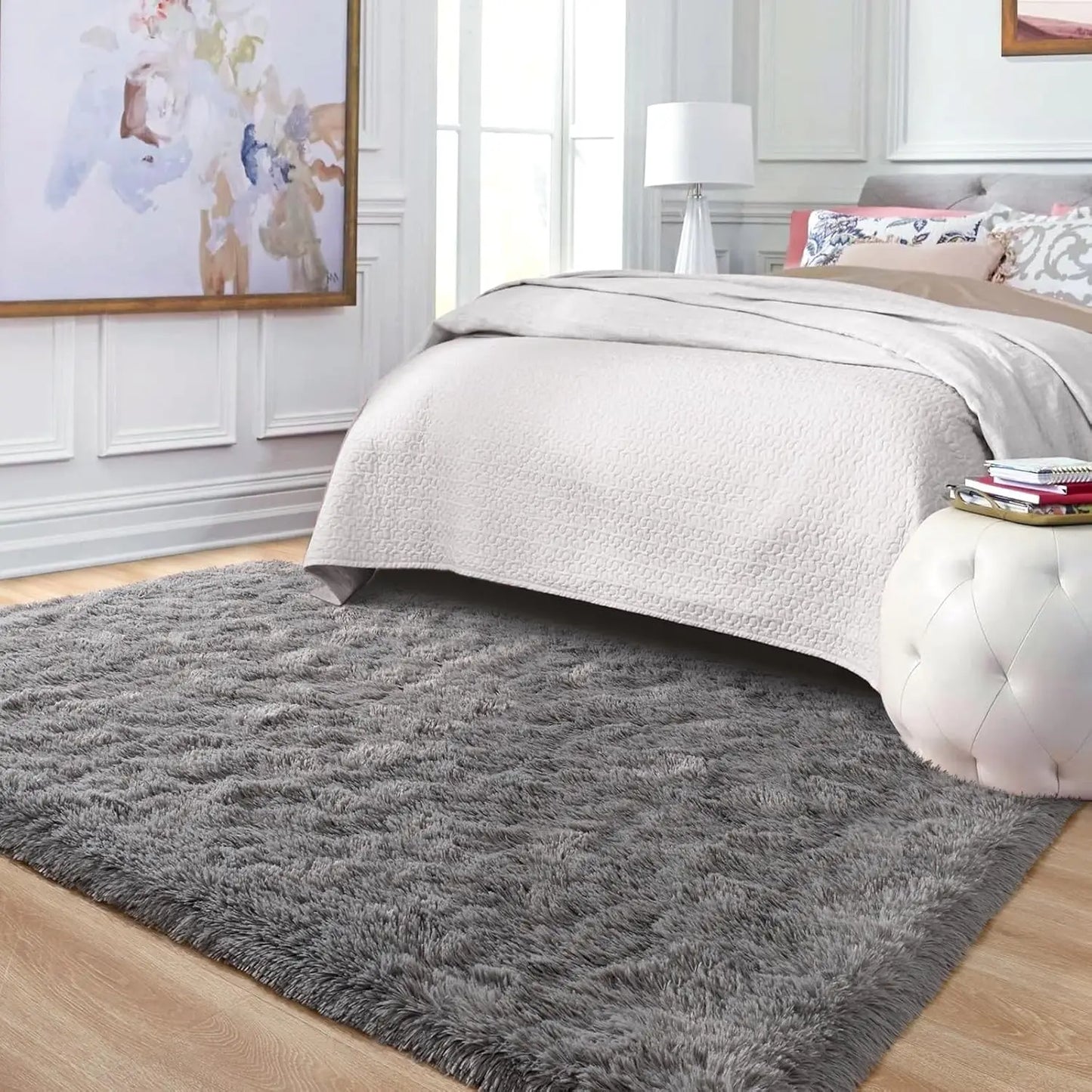 Fluffy Large Carpet for Living Room Gray Non-Slip Machine Washable Plush Area Rugs for Bedroom Soft Thick Floor Mats
