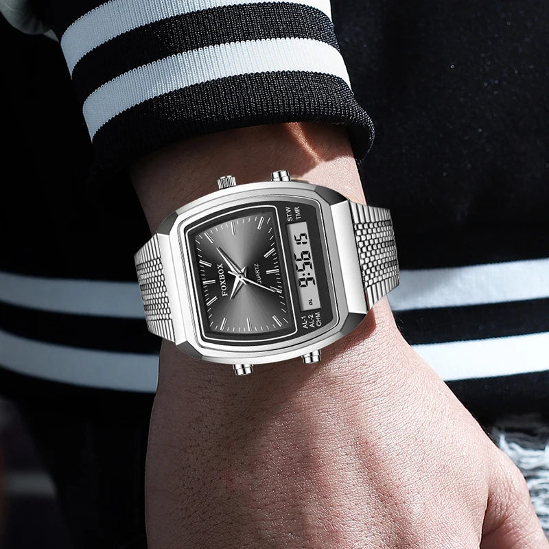 FOXBOX 2026 New Luxury Mens Watch Sports Fashion Digital Watches Men Waterproof Luminous Steel Quartz Wristwatches Reloj Hombre