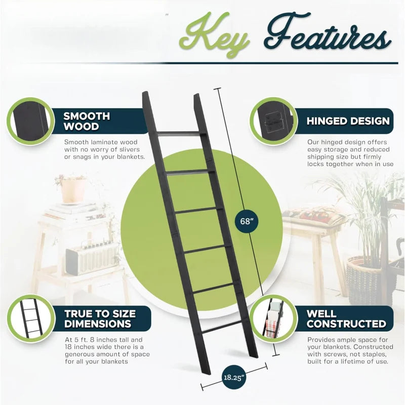 Blanket Ladder for The Living Room and Bedroom, 5ft 8 inch, 6-Tier Wall Leaning Laminate Snag Free Material .