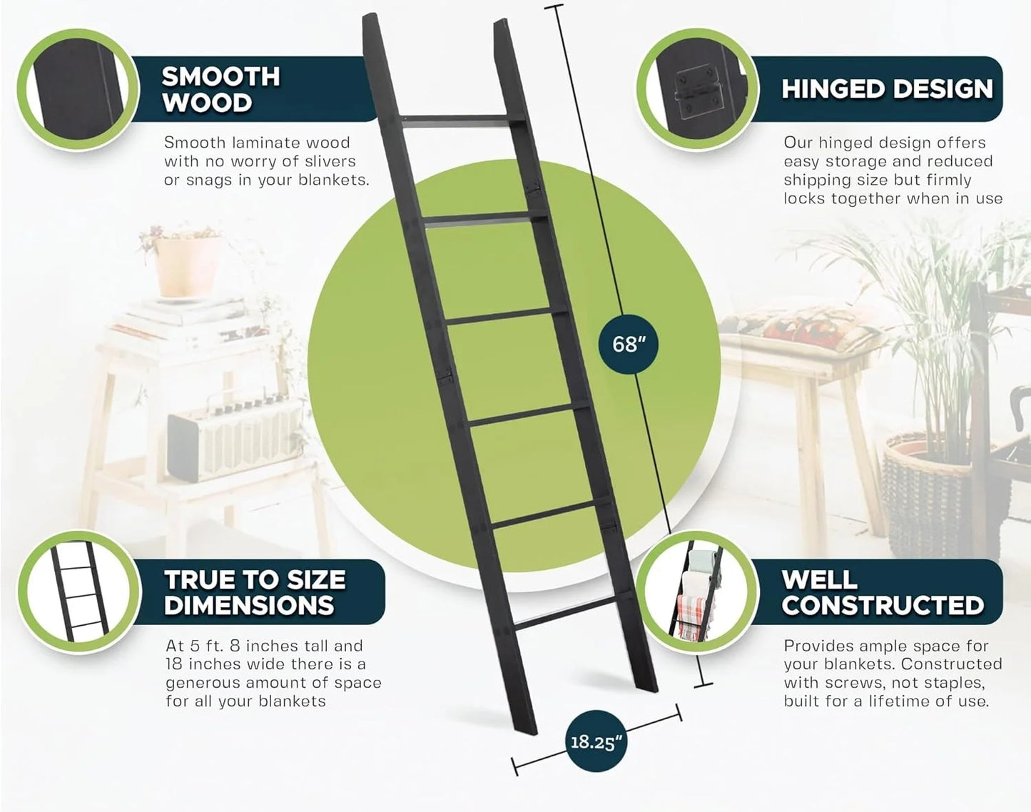 Blanket Ladder for The Living Room and Bedroom, 5ft 8 inch, 6-Tier Wall Leaning Laminate Snag Free Material .