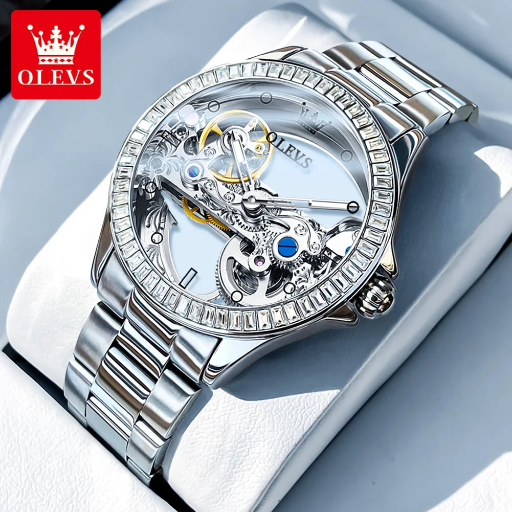 OLEVS 6699 Automatic Mechanical Women's Watch Transparent 40mm Big Dial Design Bracelet Watch Set Gift Luxury Watch for Women