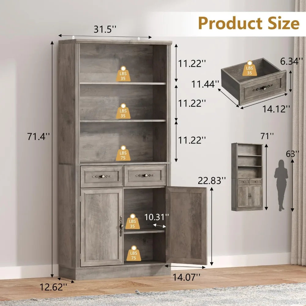 Adjustable Shelves, P2 MDF Construction, Freestanding Cabinet with Metal Handles, Hidden Storage for Living Room, Bedroom, Grey