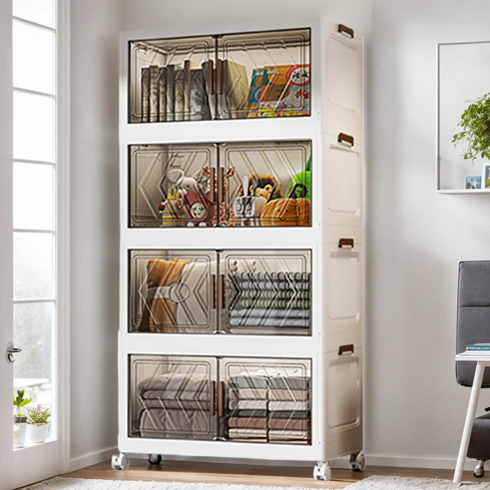 4 Tier Plastic Storage Containers with Doors & Wheels Folding Storage Boxes Folding Storage Cabinet Shelf for Home Office Dorm