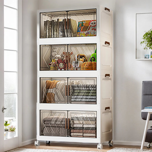4 Tier Plastic Storage Containers with Doors & Wheels Folding Storage Boxes Folding Storage Cabinet Shelf for Home Office Dorm
