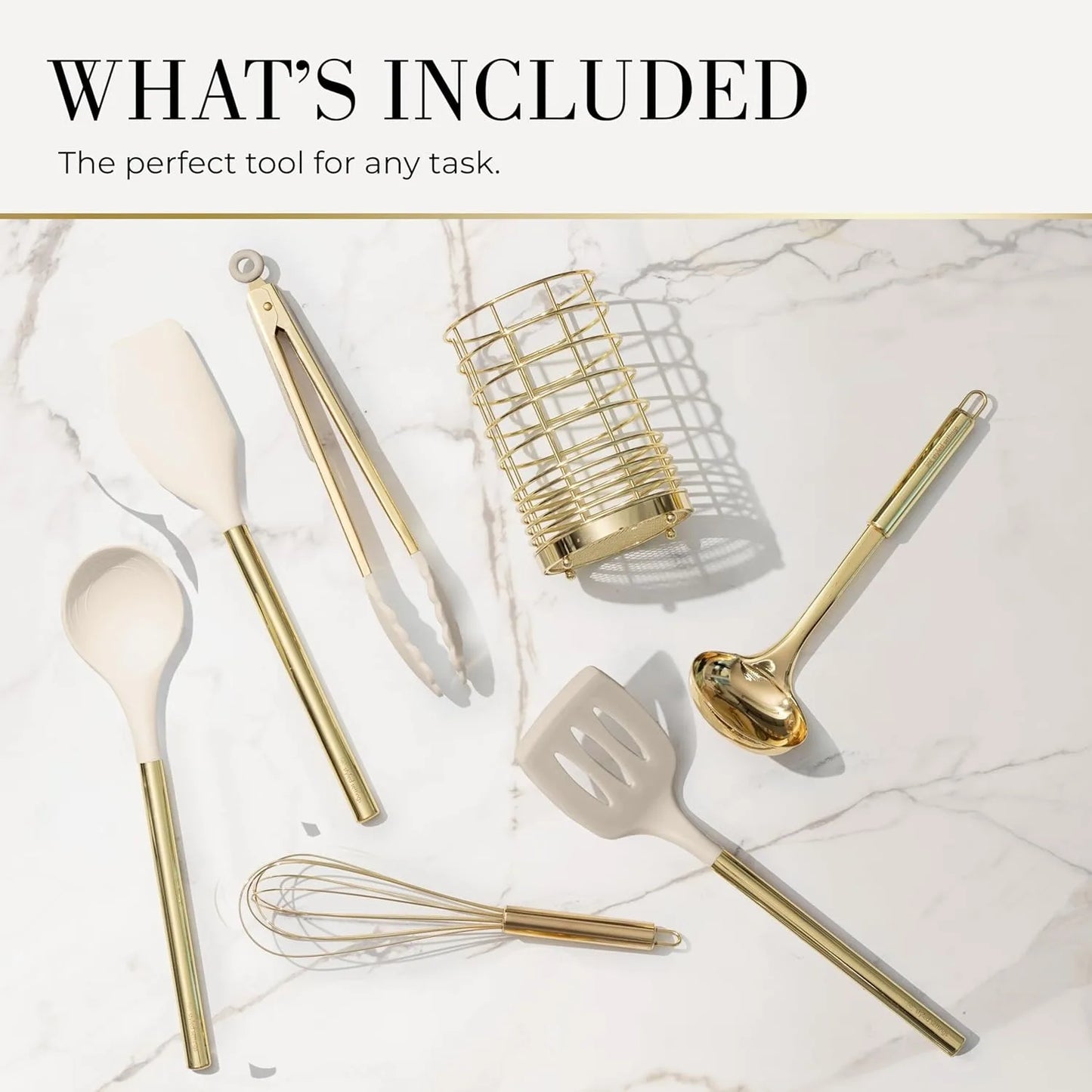 7-Piece Beige & Gold Kitchen Utensils Set – Non-Toxic Silicone & Stainless Steel Tools for Cooking, Serving