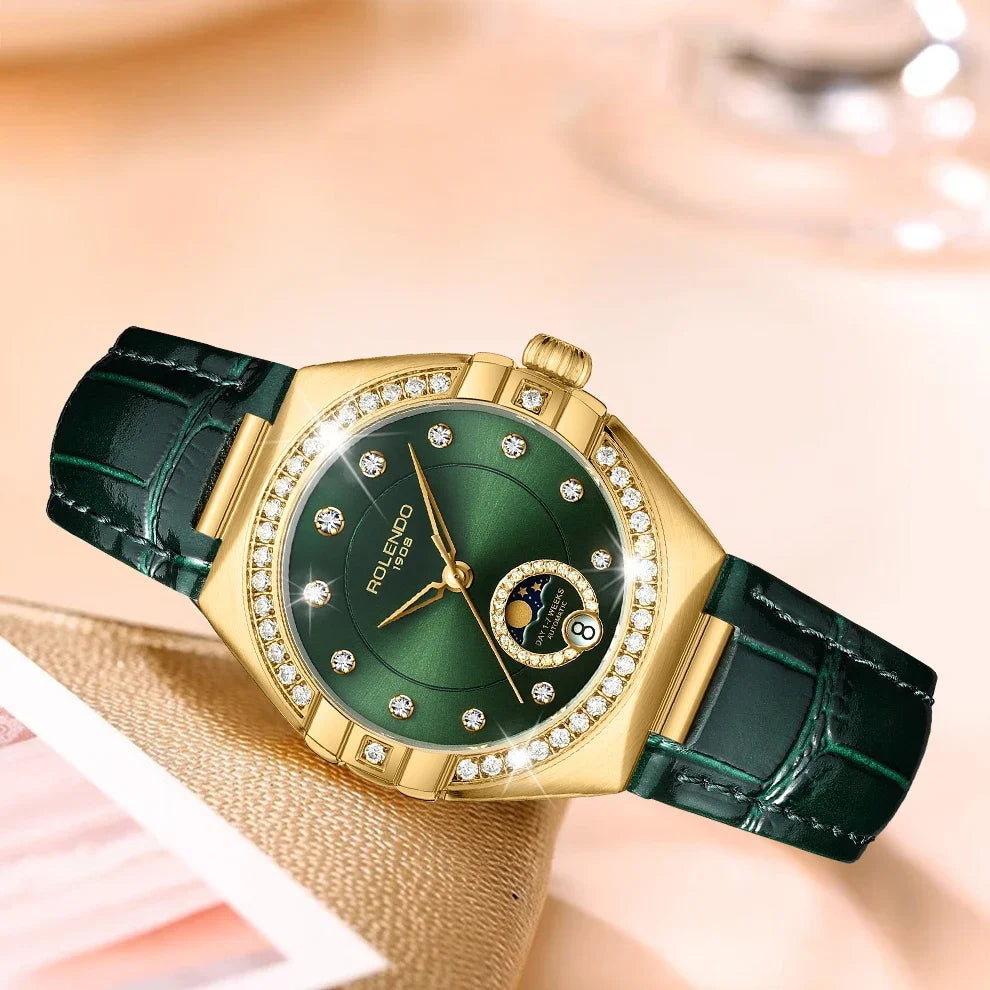 ROLENDO Constellation Style Automatic Women's Watch Secret Emerald Strap Green Dial Day-Date Sapphire Crystal Waterproof Elegant
