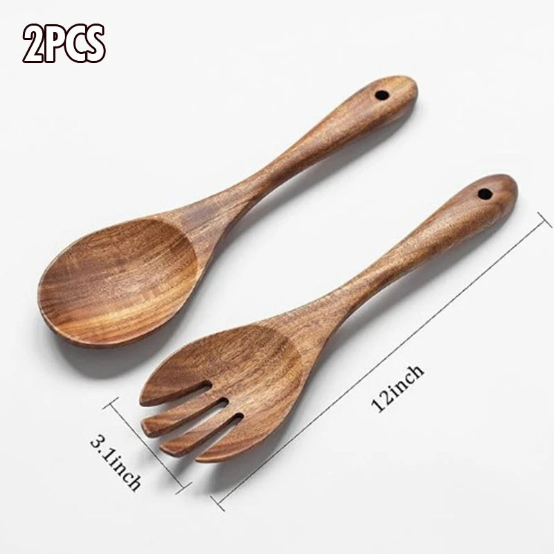 Natural Wood Kitchen Utensil Set  Eco-Friendly Cooking Tools incl Skimmer Spoon Salad Scoop Non-Stick Rice Colander for Soup