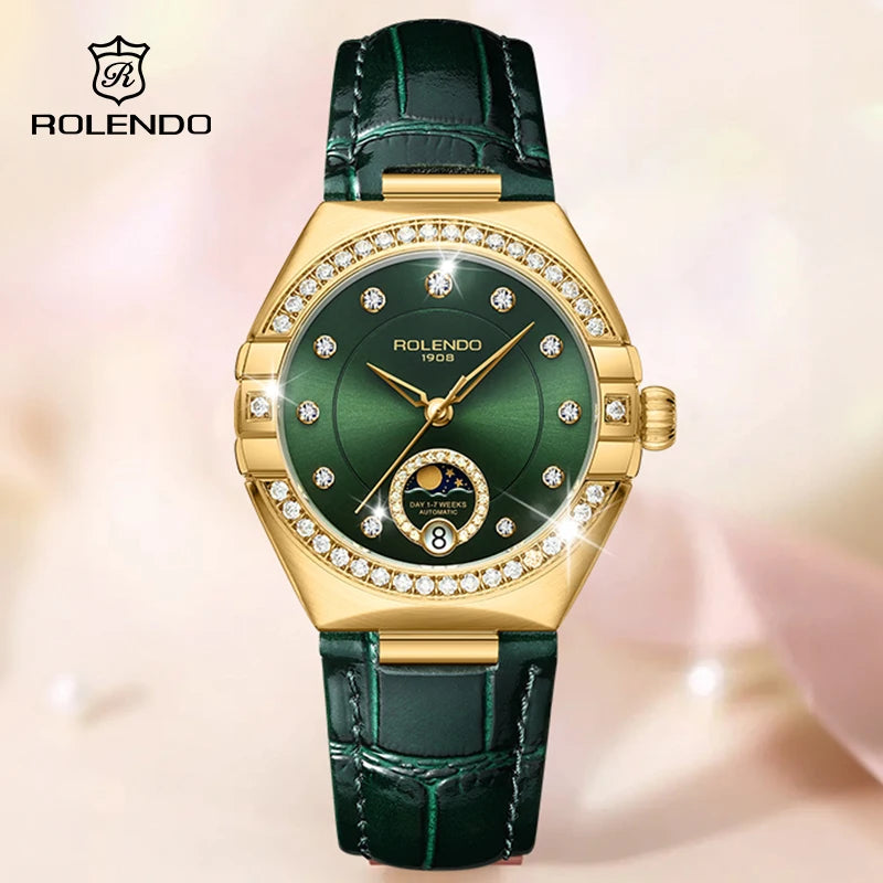ROLENDO Constellation Style Automatic Women's Watch Secret Emerald Strap Green Dial Day-Date Sapphire Crystal Waterproof Elegant