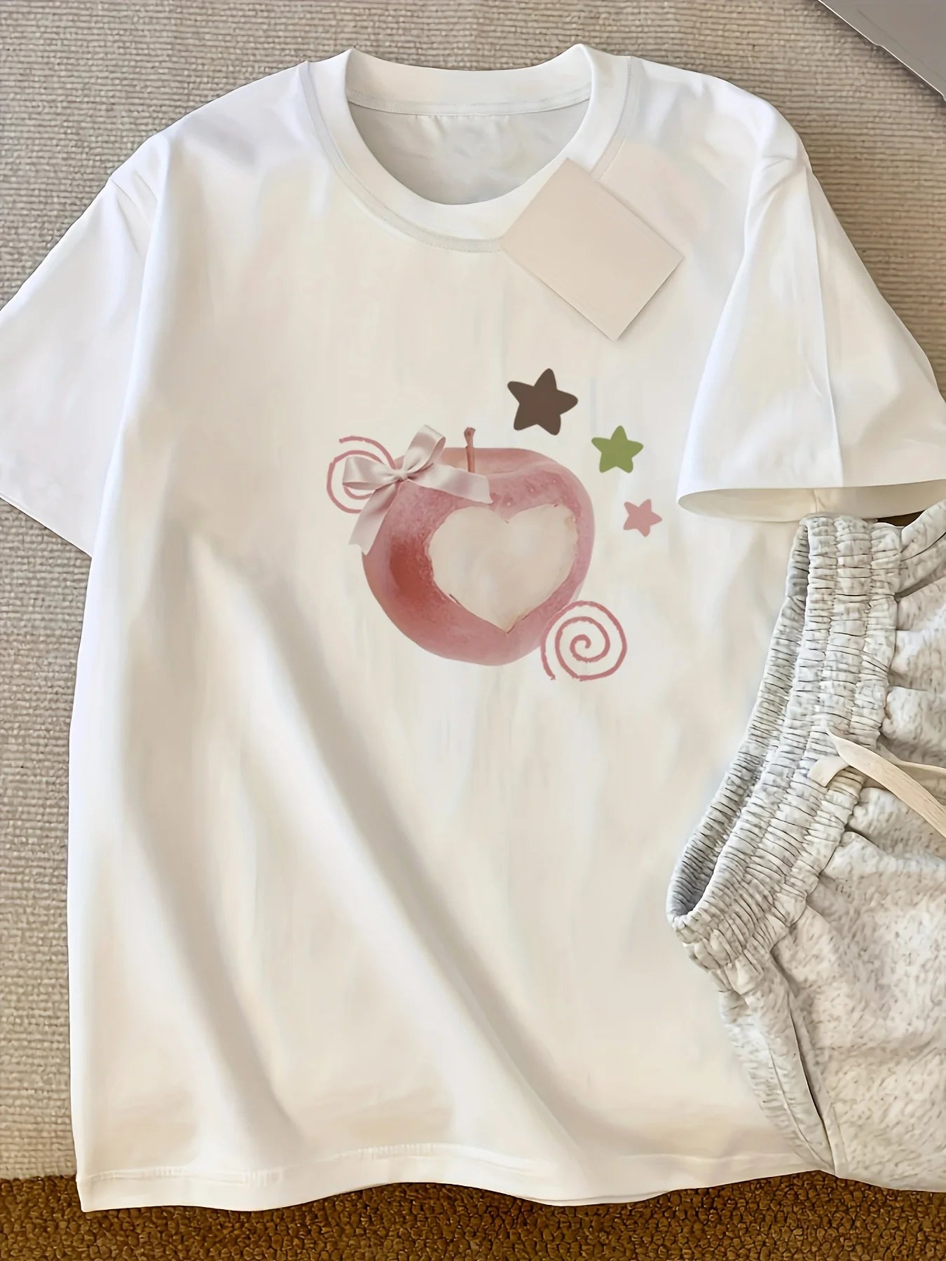 Women's Y2K White T-Shirt - Soft Pure Summer Top with Red Apple Core Heart Graphic - Loose Fit Casual Everyday Shirt for