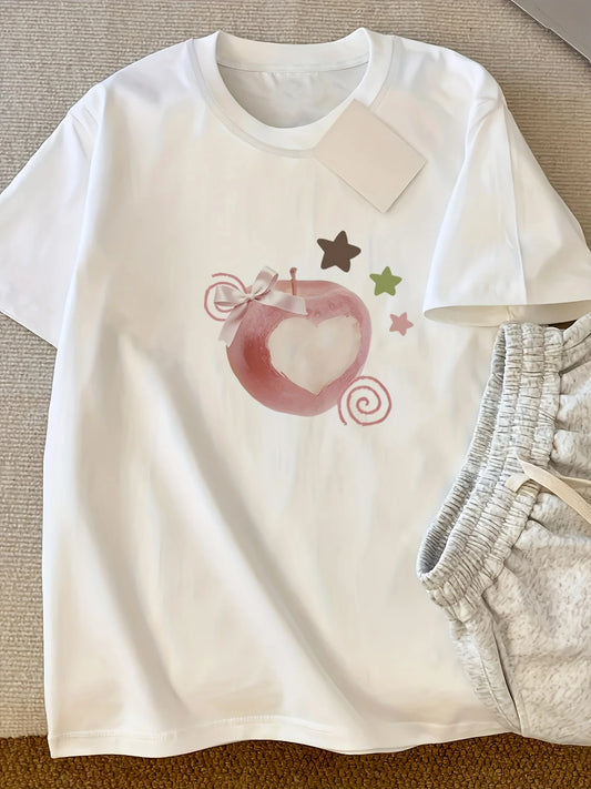 Women's Y2K White T-Shirt - Soft Pure Summer Top with Red Apple Core Heart Graphic - Loose Fit Casual Everyday Shirt for