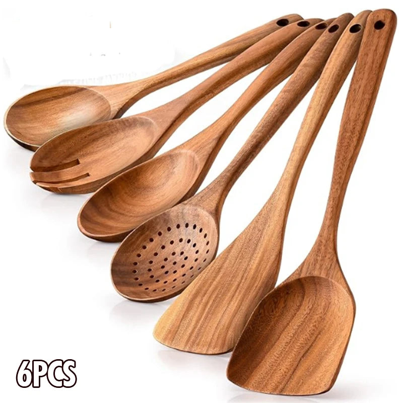 Natural Wood Kitchen Utensil Set  Eco-Friendly Cooking Tools incl Skimmer Spoon Salad Scoop Non-Stick Rice Colander for Soup