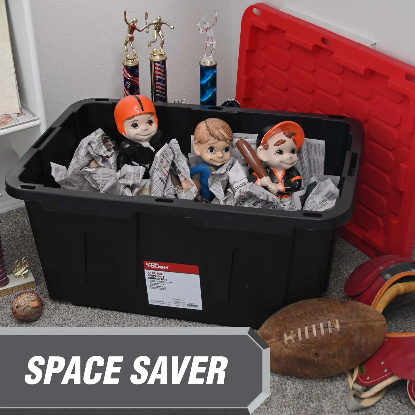 4 Pack, 27 Gallon Large Storage Bin, Plastic Storage Container with Stackable Snap-On Lid, Black and Red