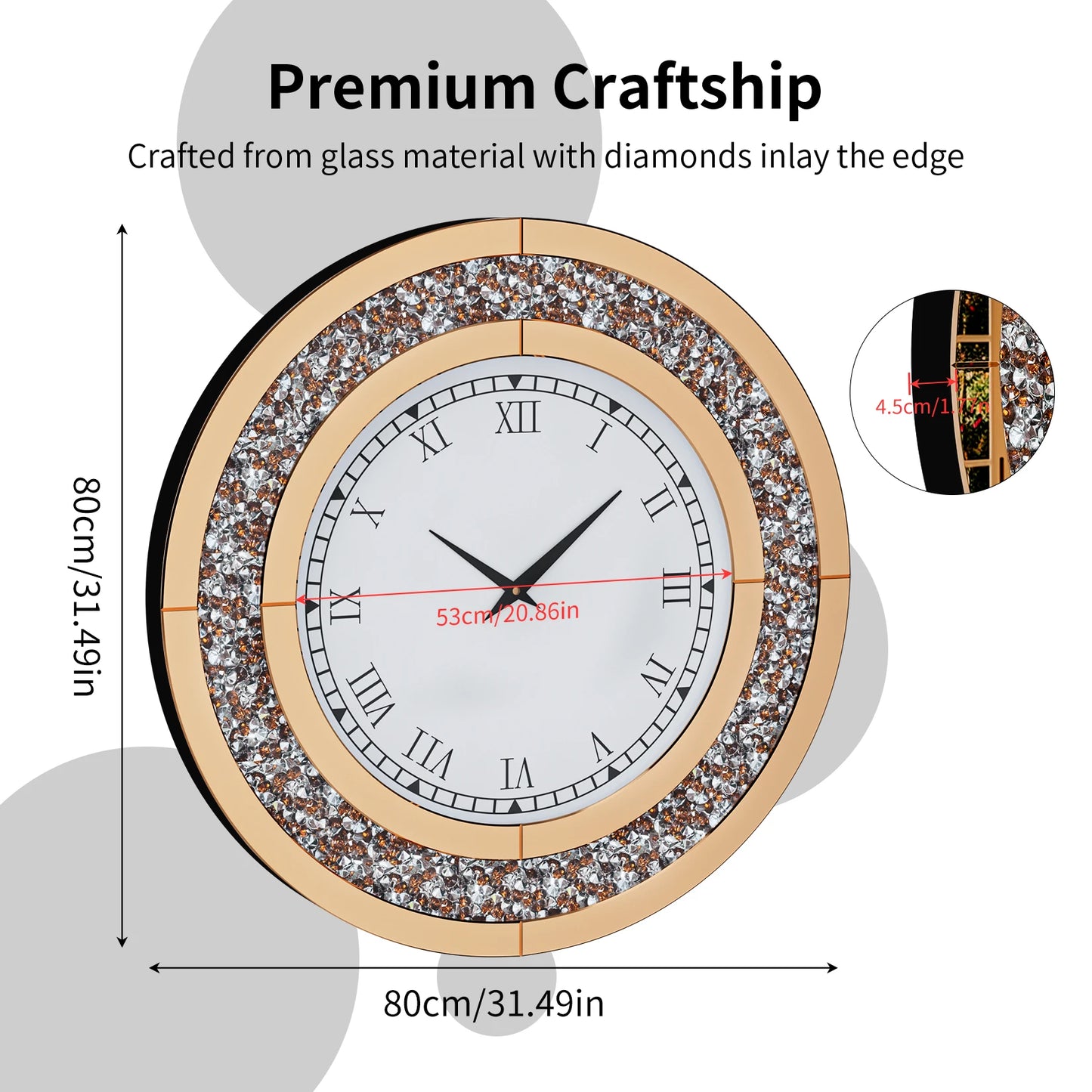 60/80CM Bling Silver Round Mirror Clock Glam Sparkle Twinkle Shining Mirrored Wall Clock for Home Decor