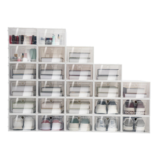24 Pack White Shoe Boxes, Stackable Shoe Storage Boxes, with Lids, Plastic Shoe Organizers
