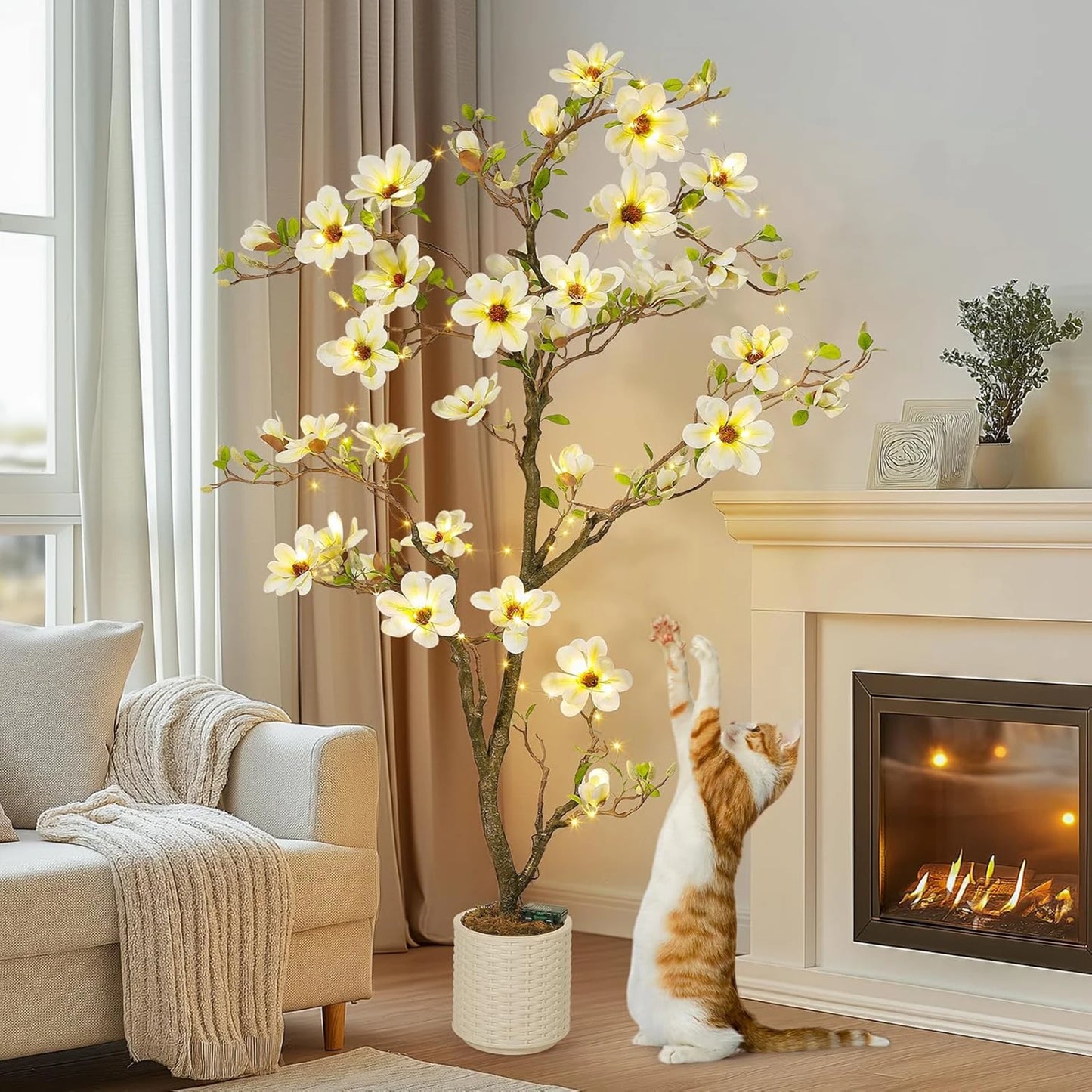 Artificial Magnolia Plant Faux Flower Trees Fake Plants with LED Light for Yard Patio Home Office Arrangement Decor