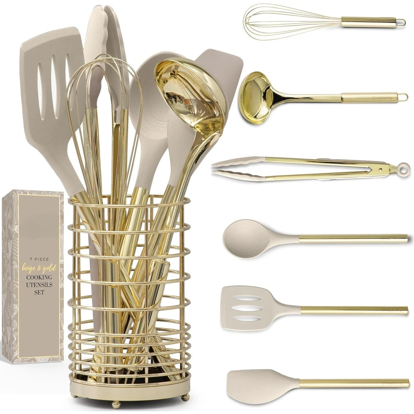 7-Piece Beige & Gold Kitchen Utensils Set – Non-Toxic Silicone & Stainless Steel Tools for Cooking, Serving