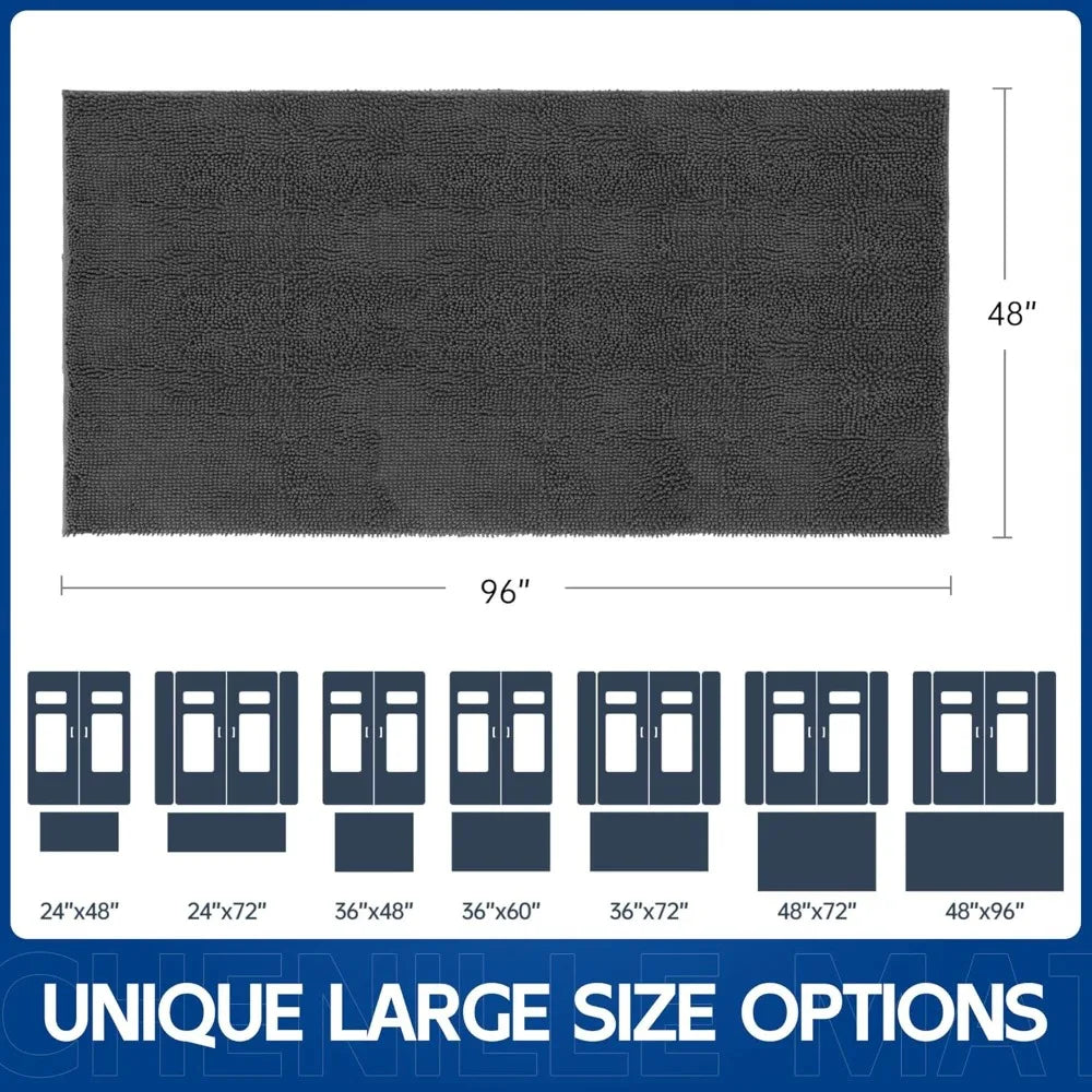 Chenille Absorbent Door Mat 96x48, Washable Non-Slip Indoor Outdoor Doormat for Muddy Paws and Dirt Trapping, Grey