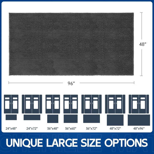 Chenille Absorbent Door Mat 96x48, Washable Non-Slip Indoor Outdoor Doormat for Muddy Paws and Dirt Trapping, Grey