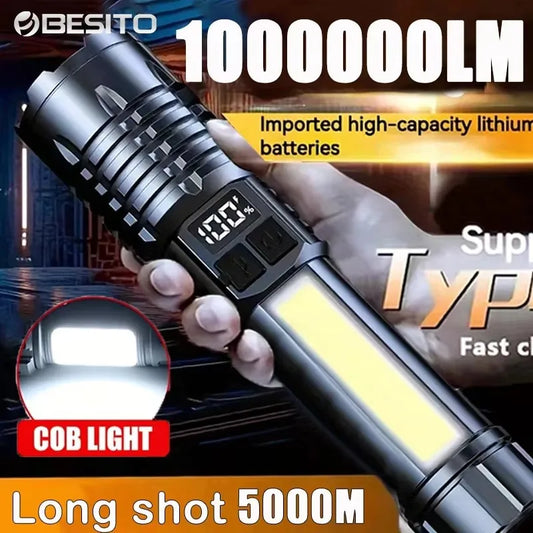 High Power LED Flashlight Powerful TYPE-C Rechargeable COB Flashlight With Side Light Torch For Outdoor Camping Hiking
