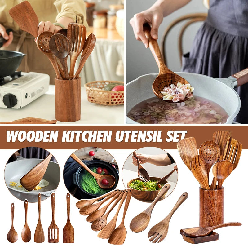 Natural Wood Kitchen Utensil Set  Eco-Friendly Cooking Tools incl Skimmer Spoon Salad Scoop Non-Stick Rice Colander for Soup