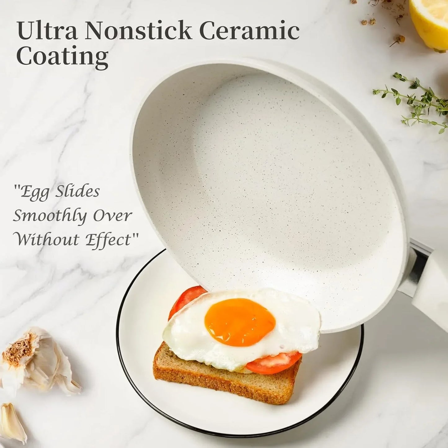 Ceramic Nonstick Frying Pan Set - White Pans With Lids, Induction Skillets for Eggs & Omelets, Healthy No Toxic Cookware,