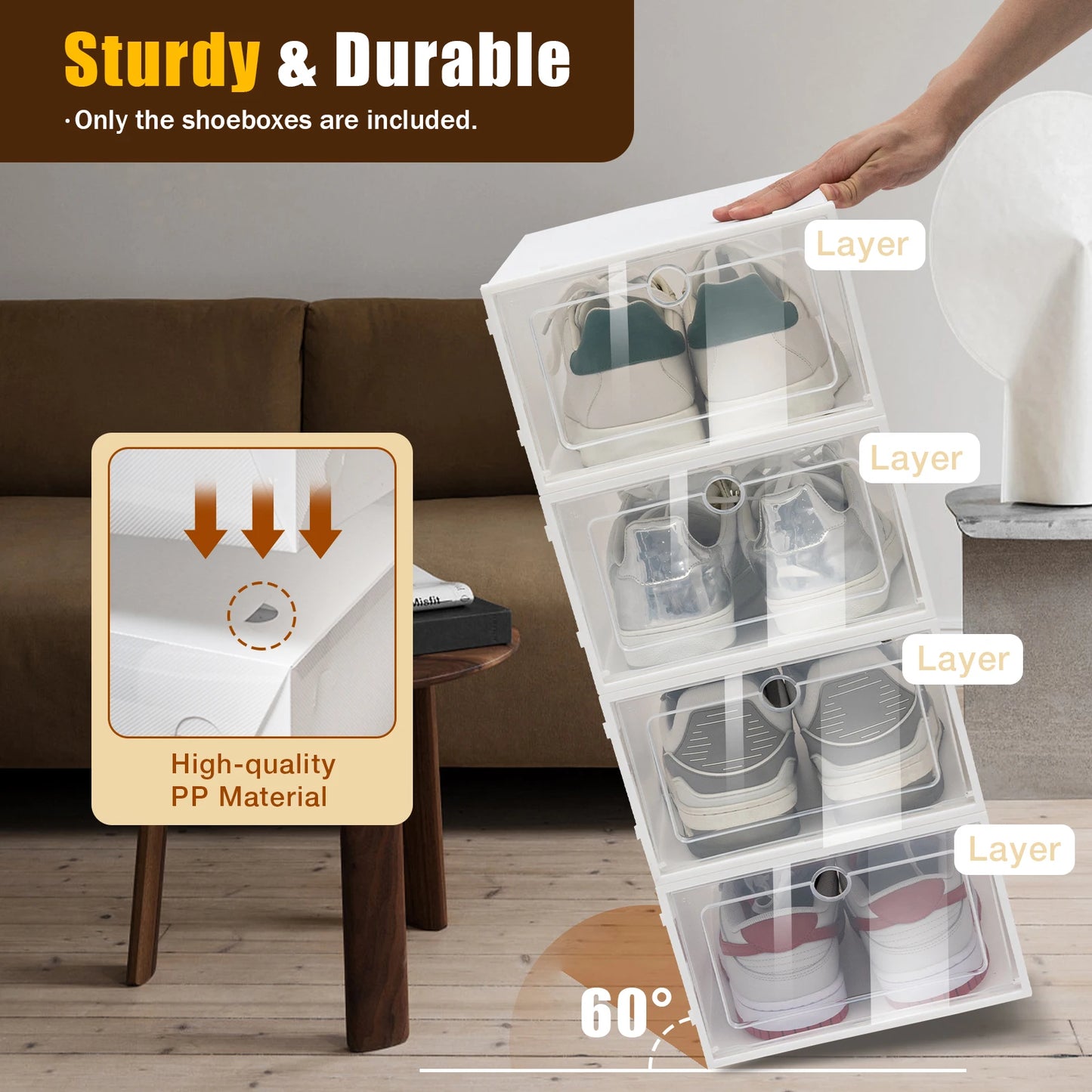 24 Pack White Shoe Boxes, Stackable Shoe Storage Boxes, with Lids, Plastic Shoe Organizers