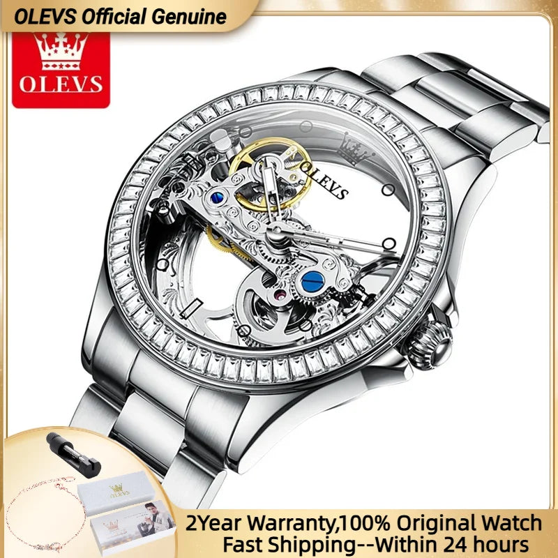 OLEVS 6699 Automatic Mechanical Women's Watch Transparent 40mm Big Dial Design Bracelet Watch Set Gift Luxury Watch for Women