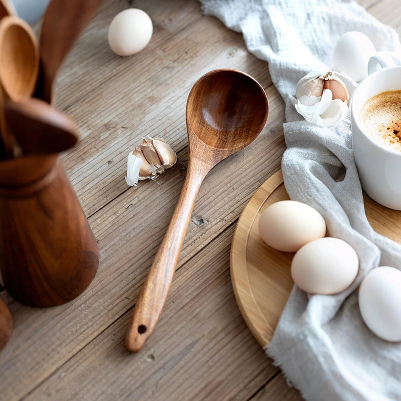 Natural Wood Kitchen Utensil Set  Eco-Friendly Cooking Tools incl Skimmer Spoon Salad Scoop Non-Stick Rice Colander for Soup