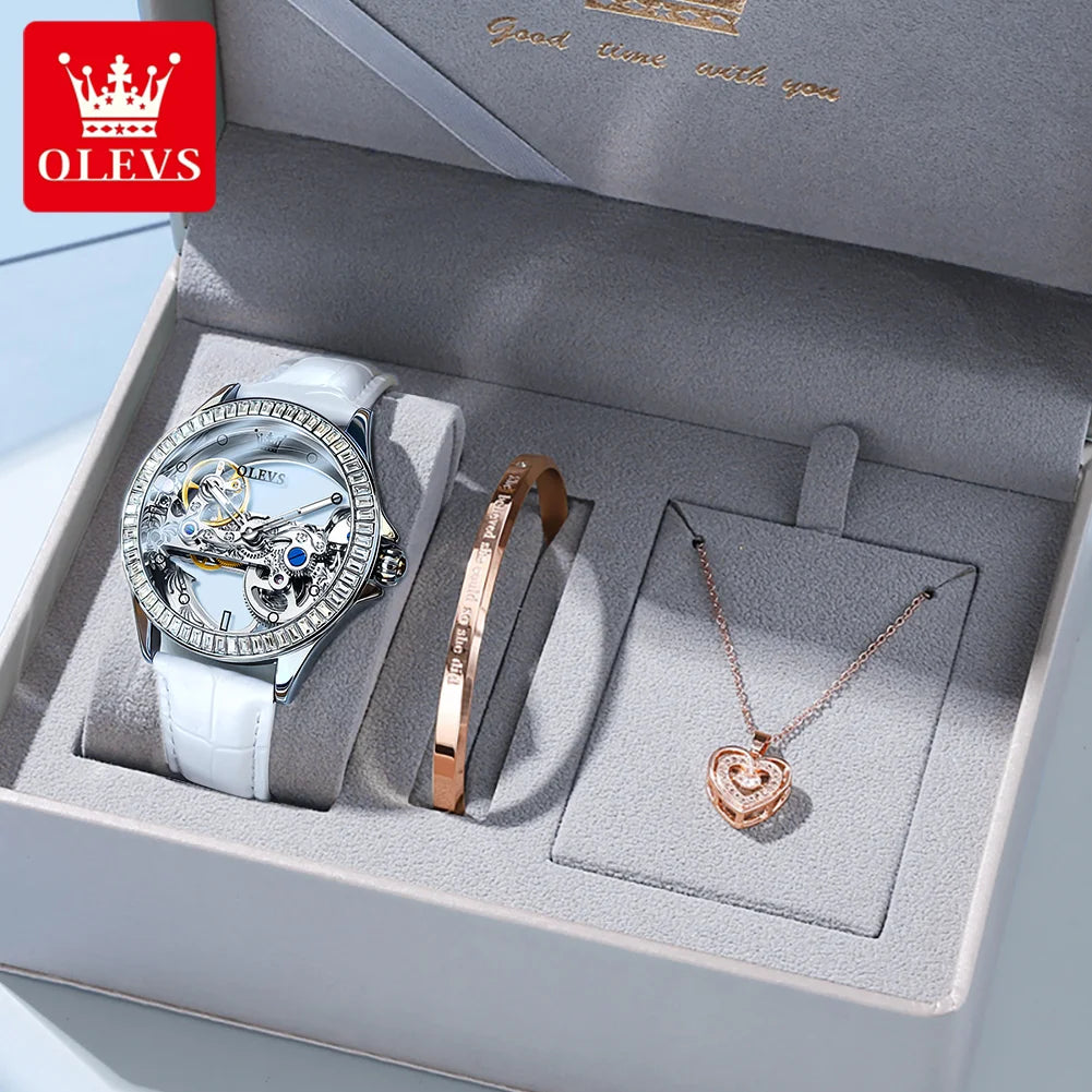OLEVS 6699 Automatic Mechanical Women's Watch Transparent 40mm Big Dial Design Bracelet Watch Set Gift Luxury Watch for Women