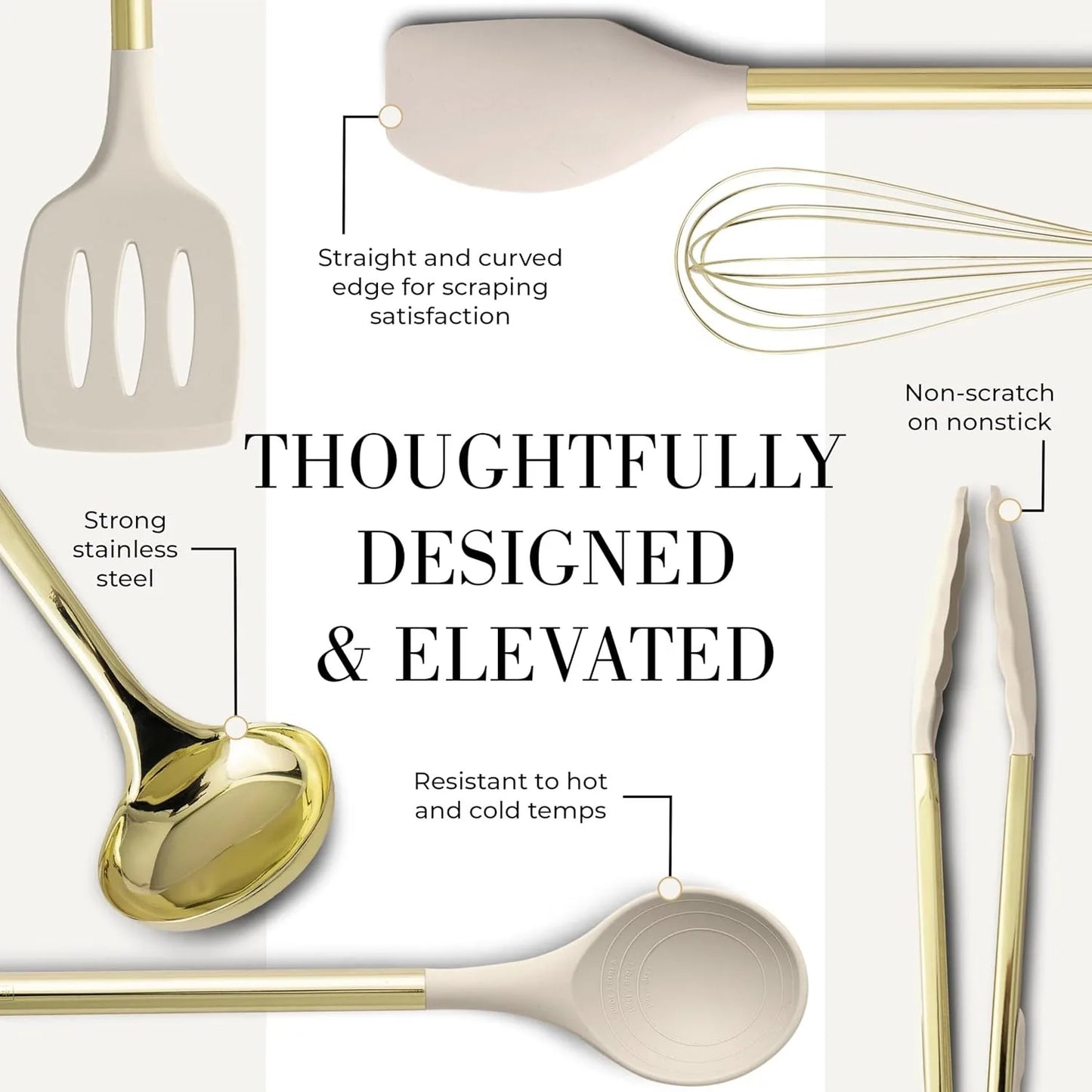 7-Piece Beige & Gold Kitchen Utensils Set – Non-Toxic Silicone & Stainless Steel Tools for Cooking, Serving